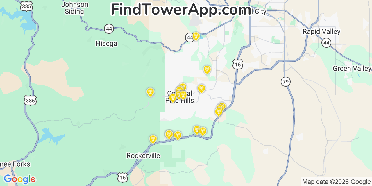 Map showing the 20 primary cell tower locations detected in Colonial Pine Hills, South Dakota from AT&T, Verizon, and T-Mobile networks