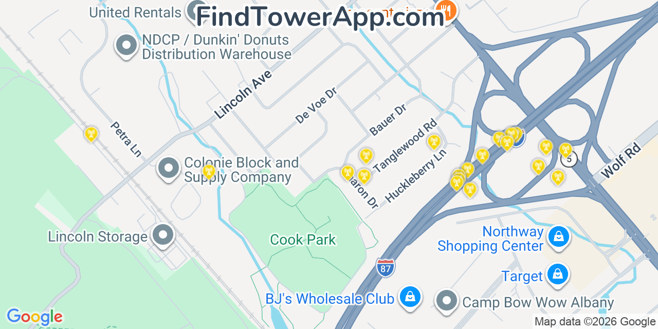 Map showing the 20 primary cell tower locations detected in Colonie, New York from AT&T, Verizon, and T-Mobile networks