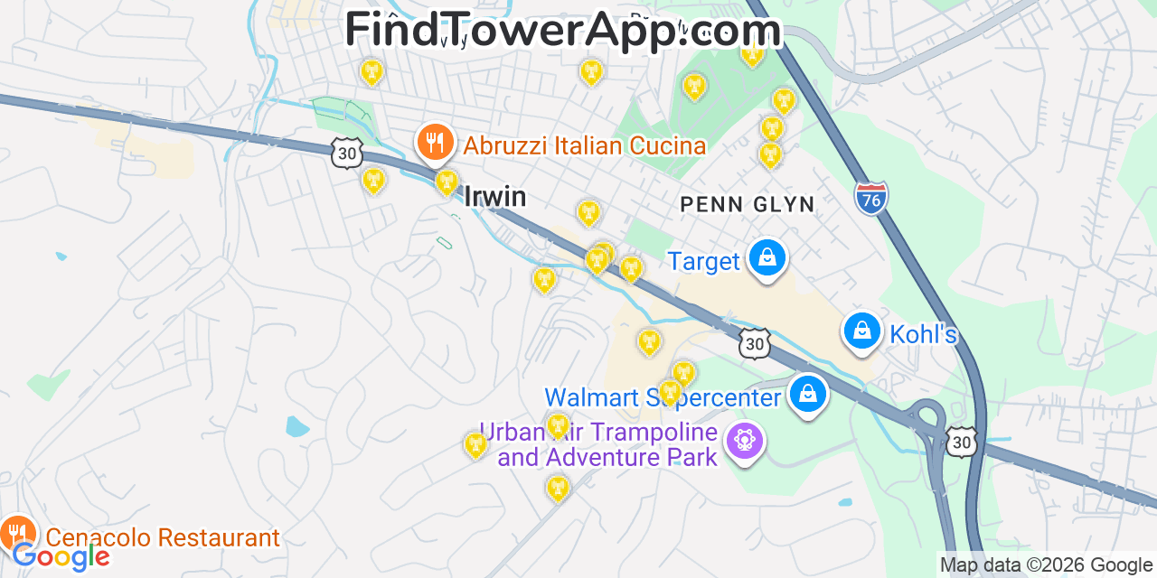Map showing the 20 primary cell tower locations detected in Colony Park, Pennsylvania from AT&T, Verizon, and T-Mobile networks