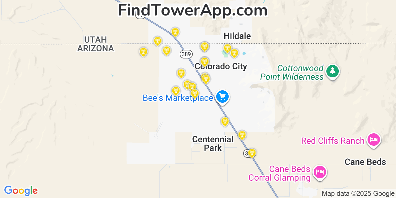 Map showing the 20 primary cell tower locations detected in Colorado City, Arizona from AT&T, Verizon, and T-Mobile networks