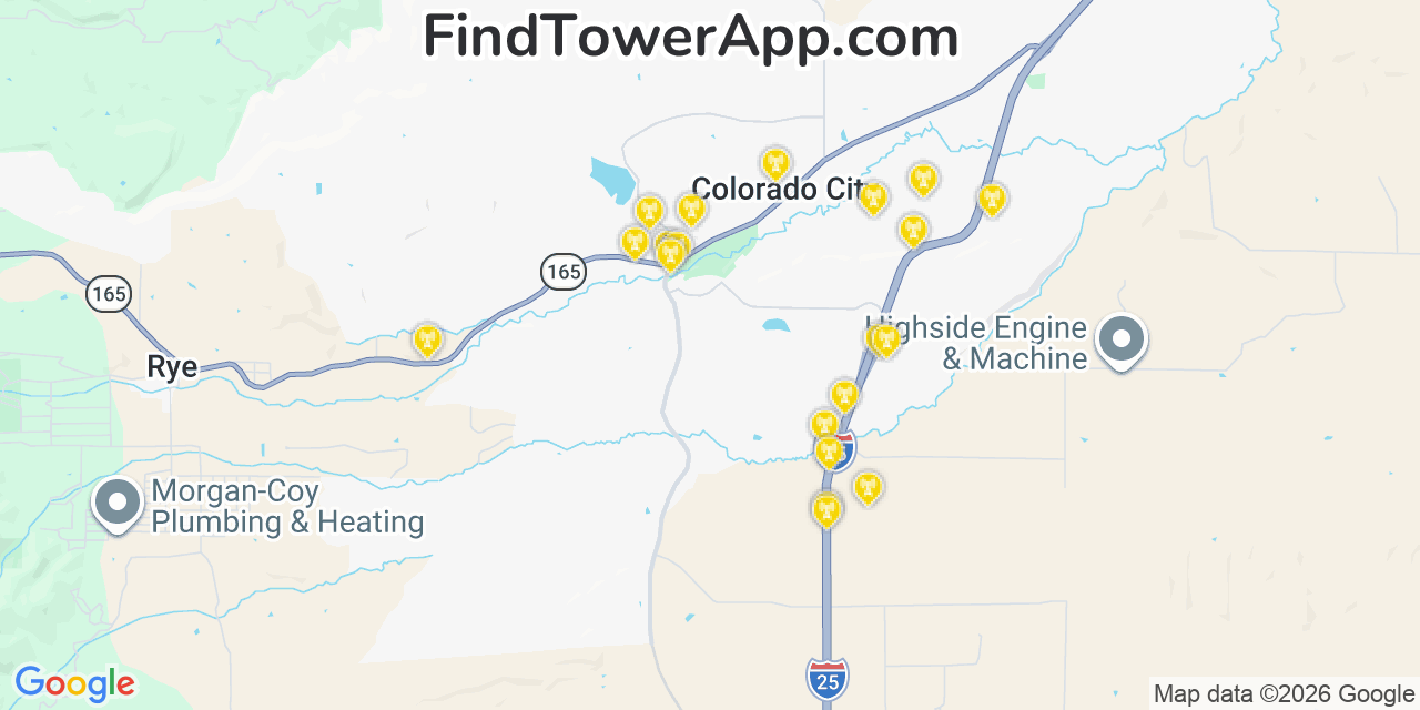 Map showing the 20 primary cell tower locations detected in Colorado City, Colorado from AT&T, Verizon, and T-Mobile networks
