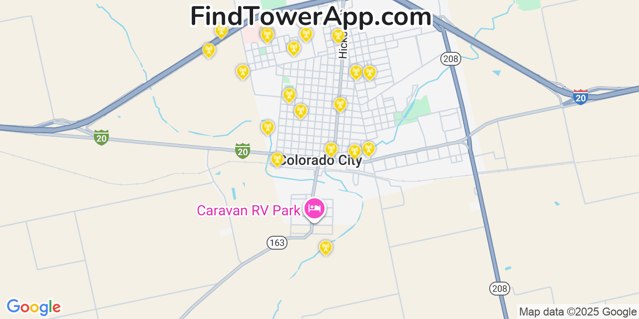 Map showing the 20 primary cell tower locations detected in Colorado City, Texas from AT&T, Verizon, and T-Mobile networks