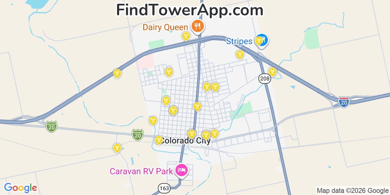 Map showing the 20 primary cell tower locations detected in Colorado City, Texas from AT&T, Verizon, and T-Mobile networks
