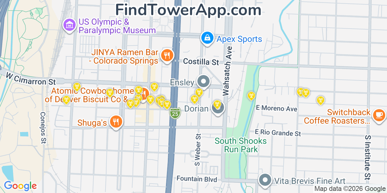 Map showing the 20 primary cell tower locations detected in Colorado Springs, Colorado from AT&T, Verizon, and T-Mobile networks