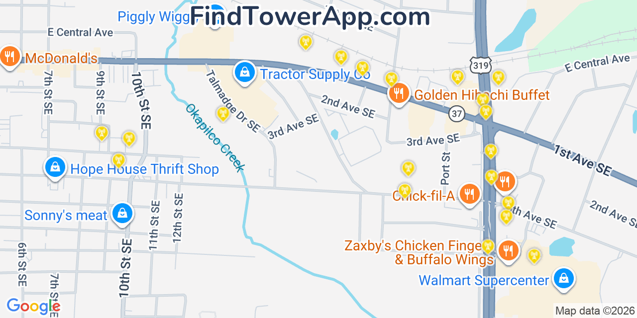 Map showing the 20 primary cell tower locations detected in Colquitt, Georgia from AT&T, Verizon, and T-Mobile networks