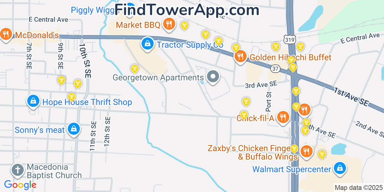 Map showing the 20 primary Mobitel cell tower locations detected in Colquitt, Georgia with coverage radius and signal strength indicators