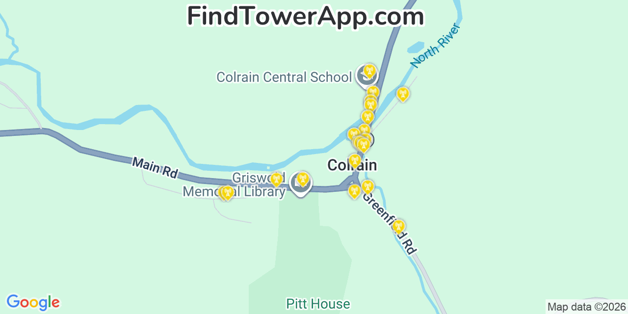 Map showing the 20 primary cell tower locations detected in Colrain, Massachusetts from AT&T, Verizon, and T-Mobile networks