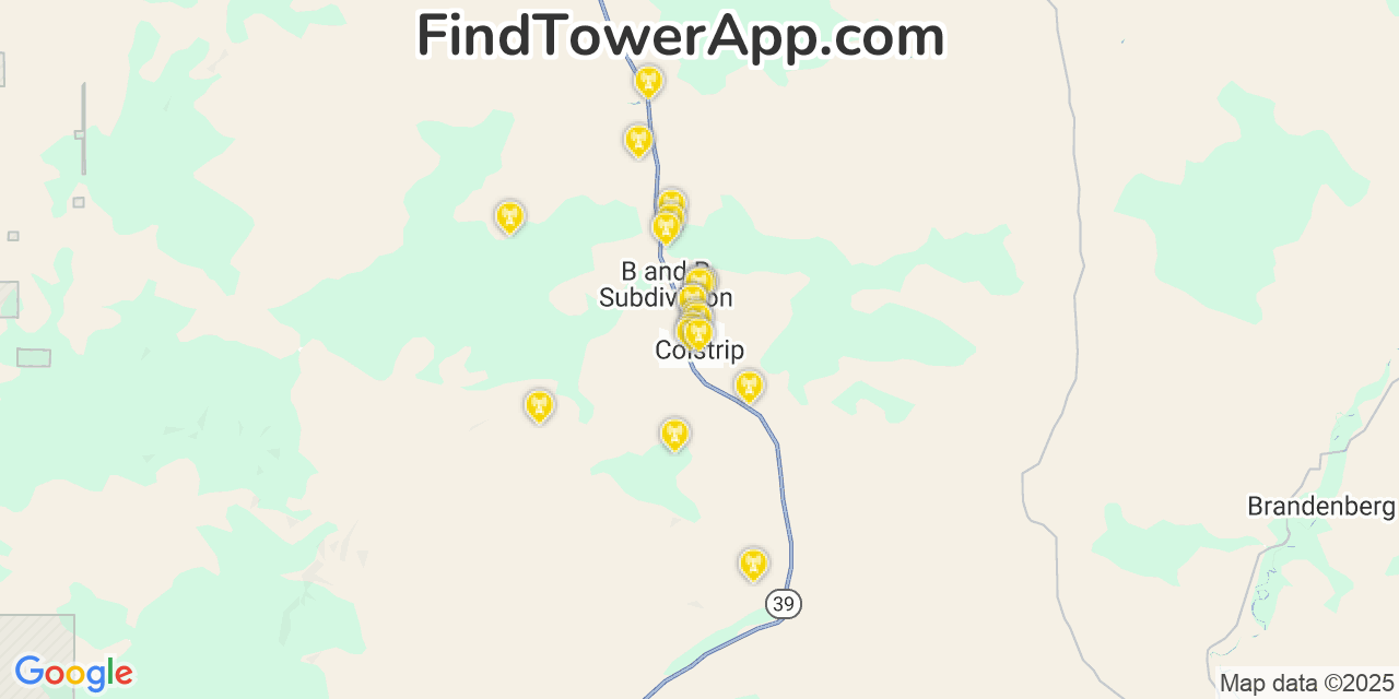 Map showing the 20 primary cell tower locations detected in Colstrip, Montana from AT&T, Verizon, and T-Mobile networks