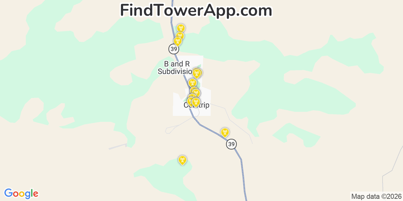 Map showing the 20 primary cell tower locations detected in Colstrip, Montana from AT&T, Verizon, and T-Mobile networks