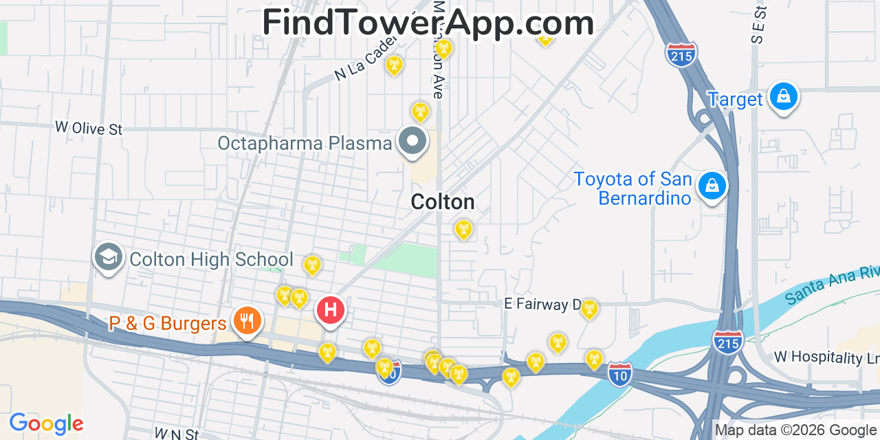 Map showing the 20 primary cell tower locations detected in Colton, California from AT&T, Verizon, and T-Mobile networks