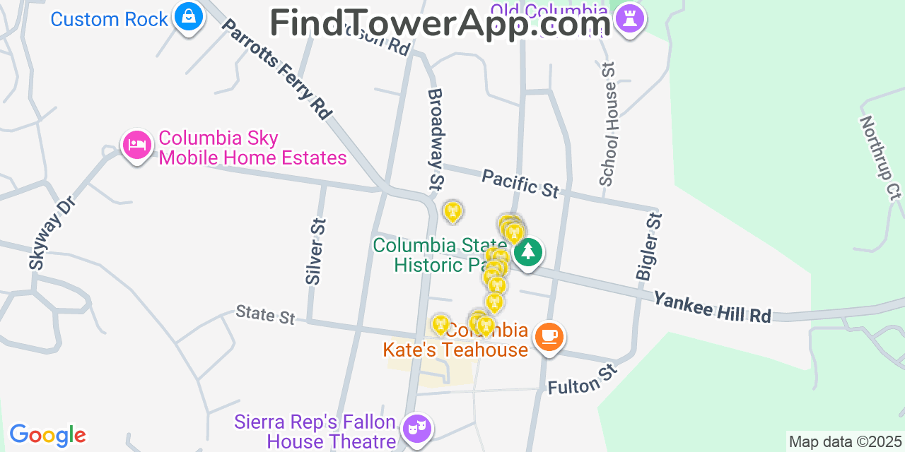 Map showing the 20 primary cell tower locations detected in Columbia, California from AT&T, Verizon, and T-Mobile networks