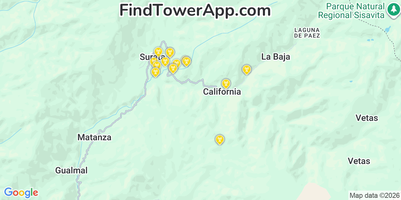 Map showing the 20 primary cell tower locations detected in Columbia, California from AT&T, Verizon, and T-Mobile networks