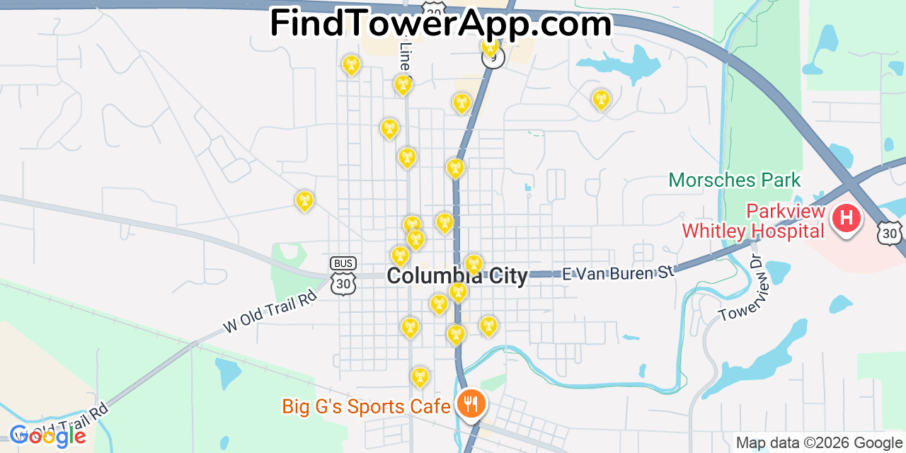 Map showing the 20 primary cell tower locations detected in Columbia City, Indiana from AT&T, Verizon, and T-Mobile networks