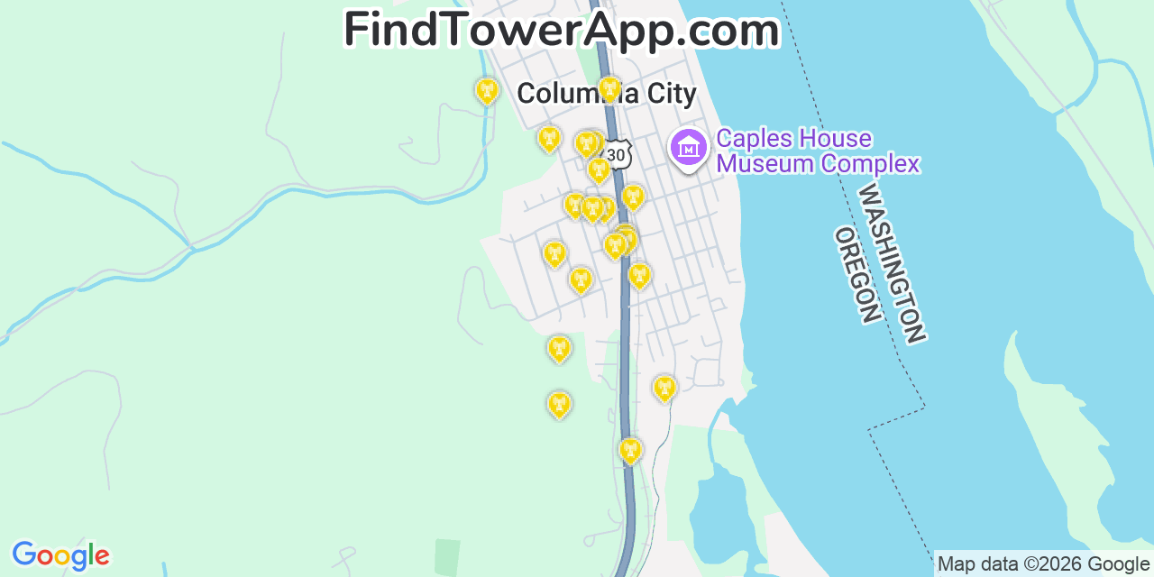 Map showing the 20 primary cell tower locations detected in Columbia City, Oregon from AT&T, Verizon, and T-Mobile networks
