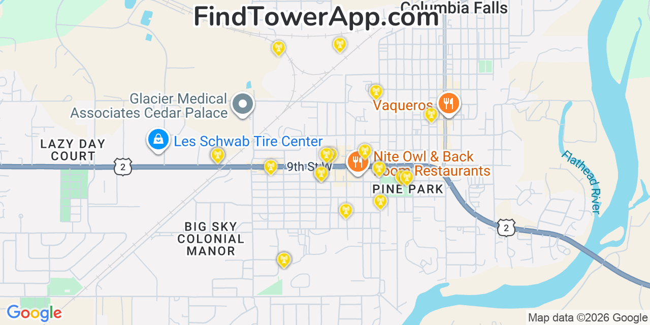 Map showing the 20 primary cell tower locations detected in Columbia Falls, Montana from AT&T, Verizon, and T-Mobile networks
