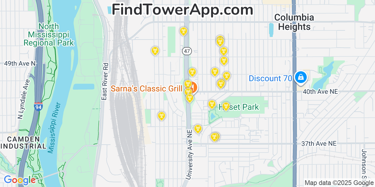 Map showing the 20 primary cell tower locations detected in Columbia Heights, Minnesota from AT&T, Verizon, and T-Mobile networks