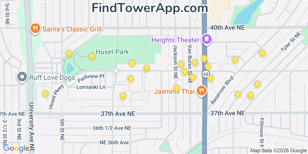 Map showing the 20 primary cell tower locations detected in Columbia Heights, Minnesota from AT&T, Verizon, and T-Mobile networks