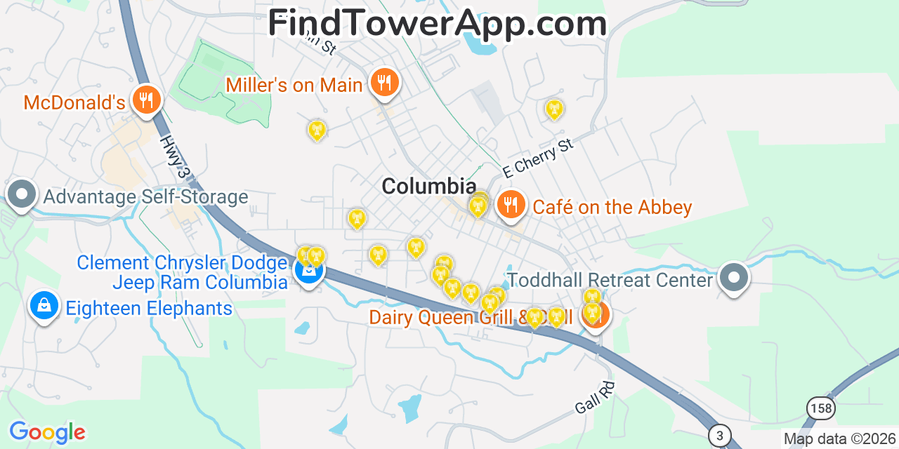 Map showing the 20 primary cell tower locations detected in Columbia, Illinois from AT&T, Verizon, and T-Mobile networks