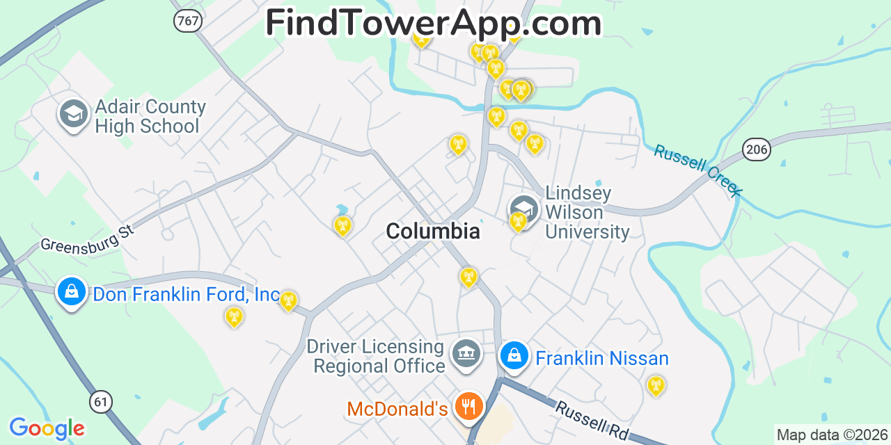 Map showing the 20 primary cell tower locations detected in Columbia, Kentucky from AT&T, Verizon, and T-Mobile networks
