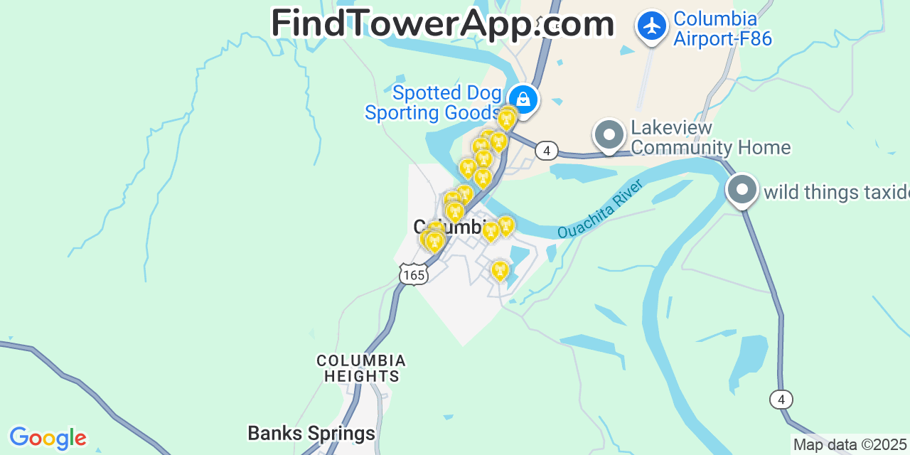 Map showing the 20 primary cell tower locations detected in Columbia, Louisiana from AT&T, Verizon, and T-Mobile networks