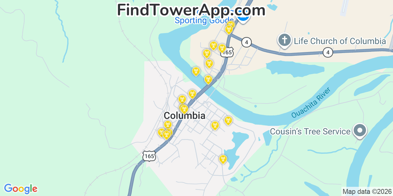 Map showing the 20 primary cell tower locations detected in Columbia, Louisiana from AT&T, Verizon, and T-Mobile networks