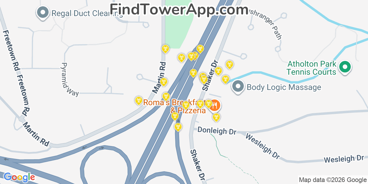 Map showing the 20 primary cell tower locations detected in Columbia, Maryland from AT&T, Verizon, and T-Mobile networks
