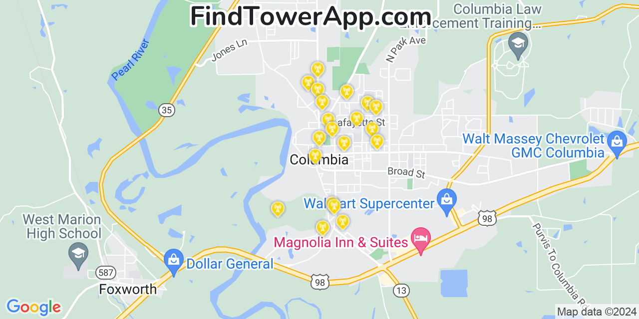 AT&T 4G/5G cell tower coverage map Columbia, Mississippi