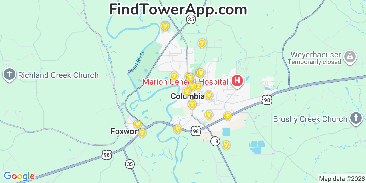 Map showing the 20 primary cell tower locations detected in Columbia, Mississippi from AT&T, Verizon, and T-Mobile networks