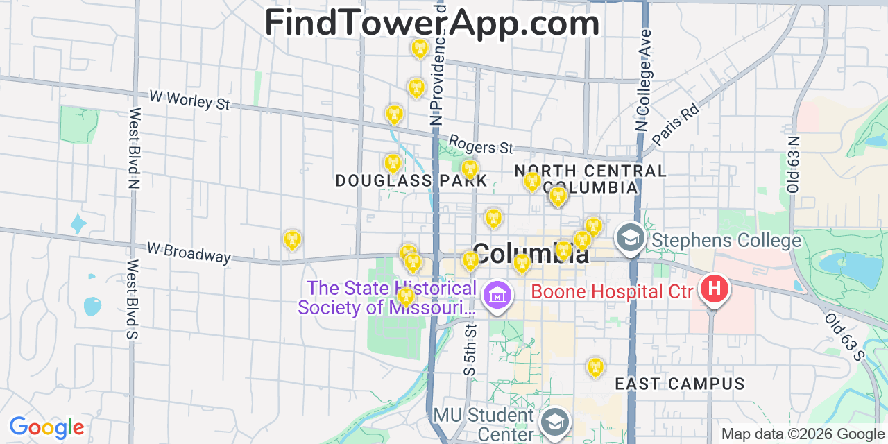 Map showing the 20 primary cell tower locations detected in Columbia, Missouri from AT&T, Verizon, and T-Mobile networks