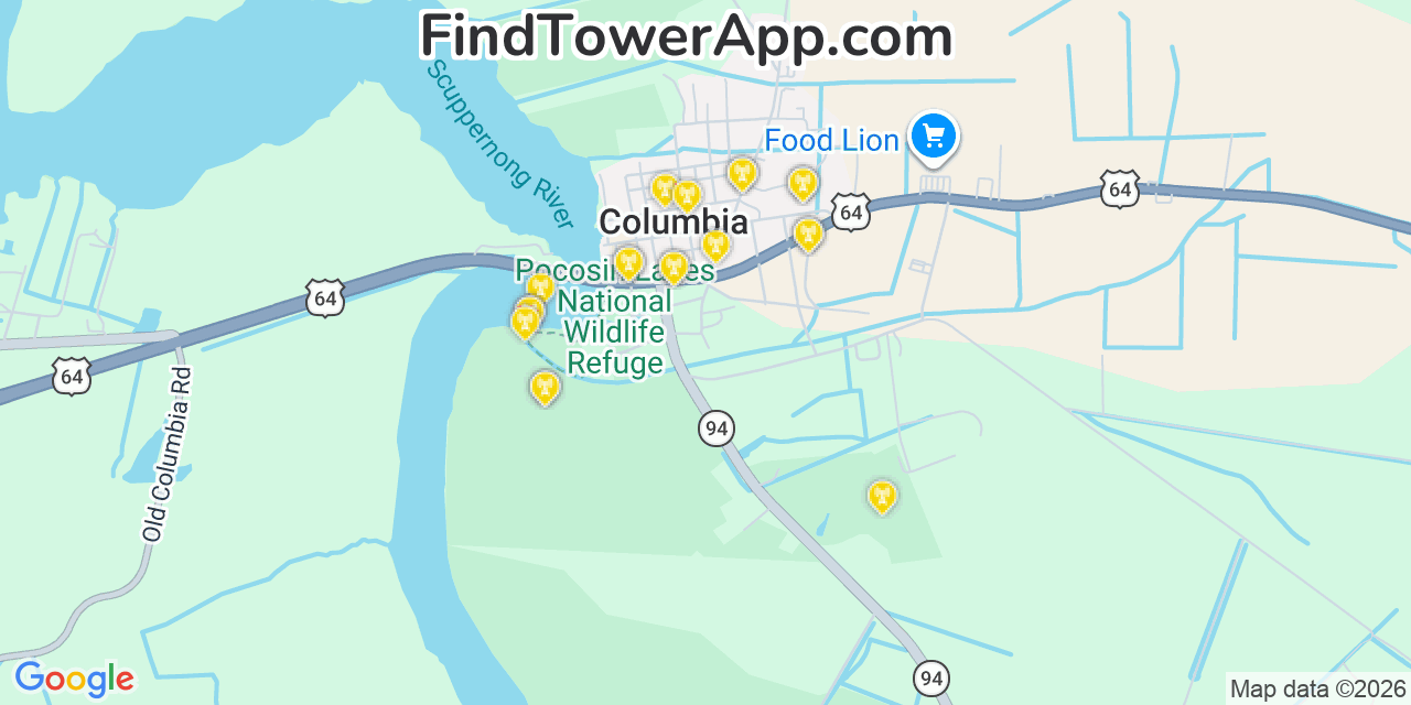 Map showing the 20 primary cell tower locations detected in Columbia, North Carolina from AT&T, Verizon, and T-Mobile networks