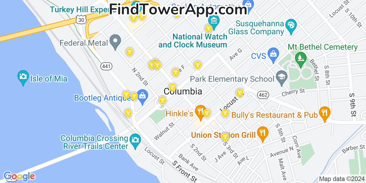 AT&T 4G/5G cell tower coverage map Columbia, Pennsylvania