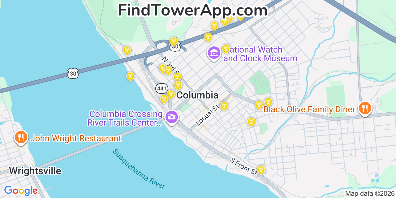 Map showing the 20 primary cell tower locations detected in Columbia, Pennsylvania from AT&T, Verizon, and T-Mobile networks