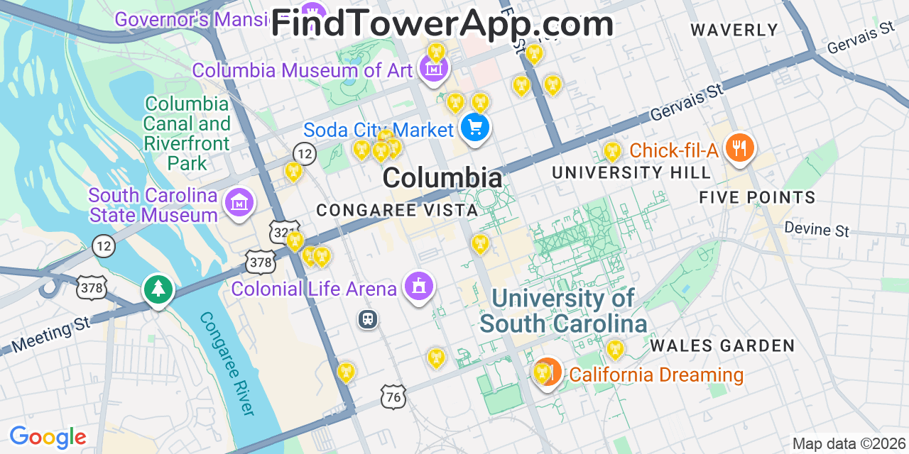 Map showing the 20 primary cell tower locations detected in Columbia, South Carolina from AT&T, Verizon, and T-Mobile networks