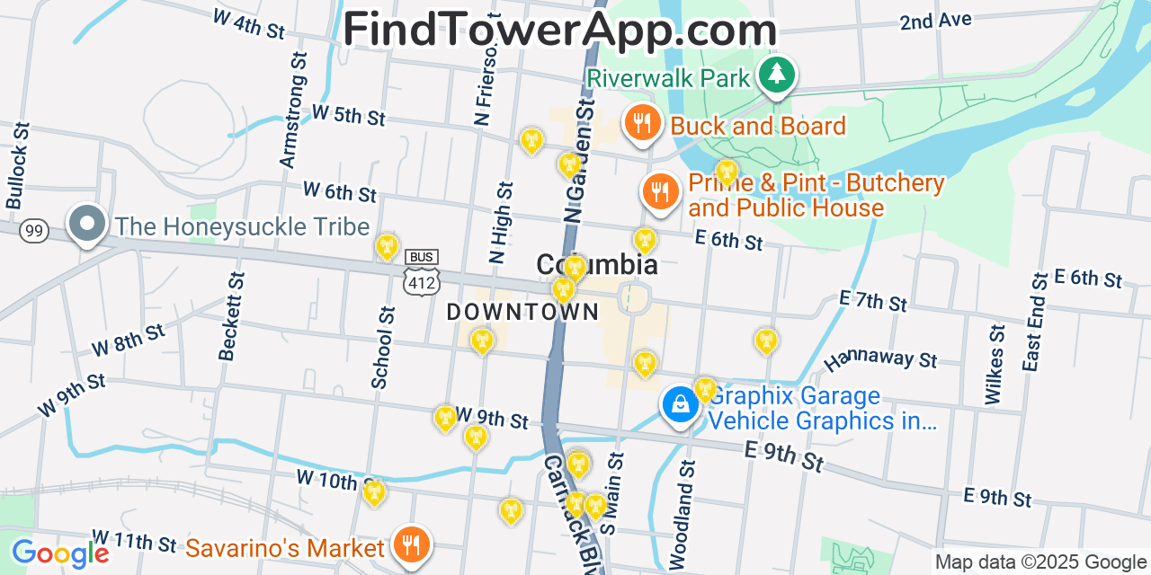 Map showing the 20 primary cell tower locations detected in Columbia, Tennessee from AT&T, Verizon, and T-Mobile networks