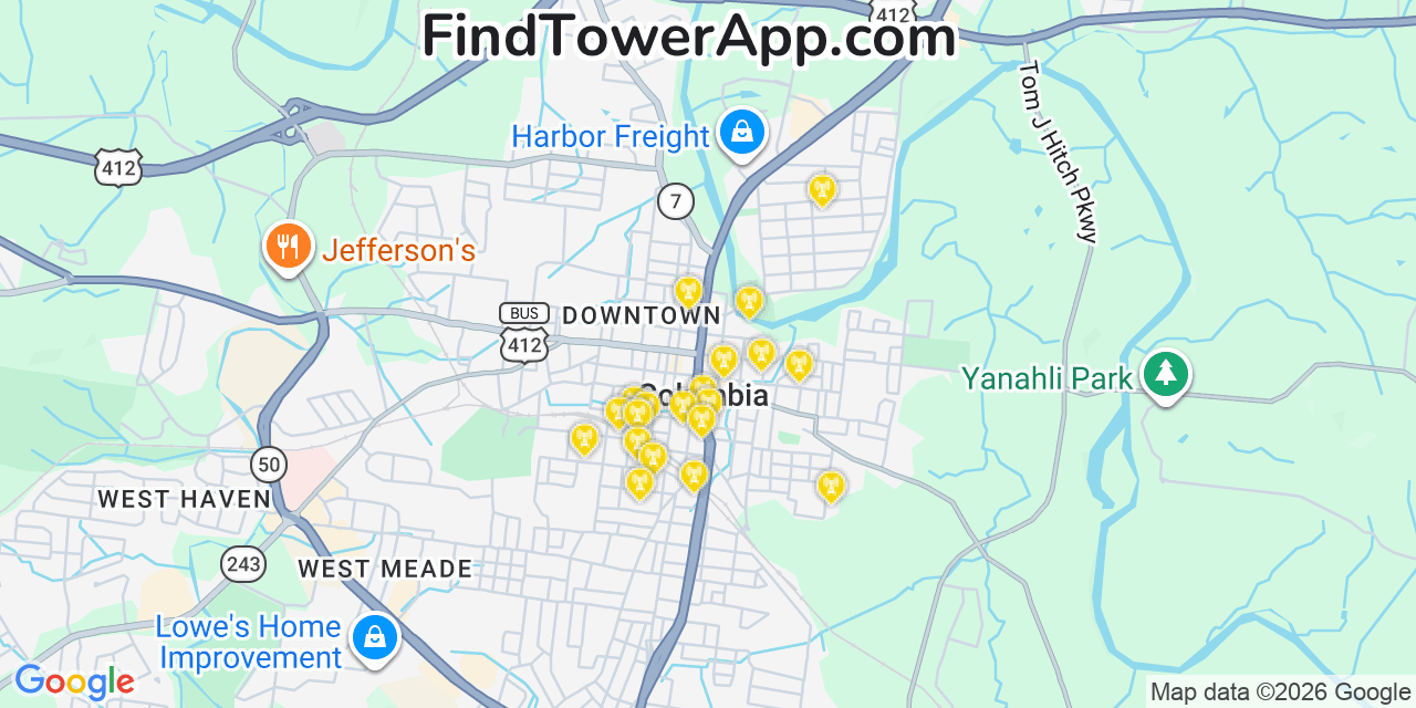 Map showing the 20 primary cell tower locations detected in Columbia, Tennessee from AT&T, Verizon, and T-Mobile networks