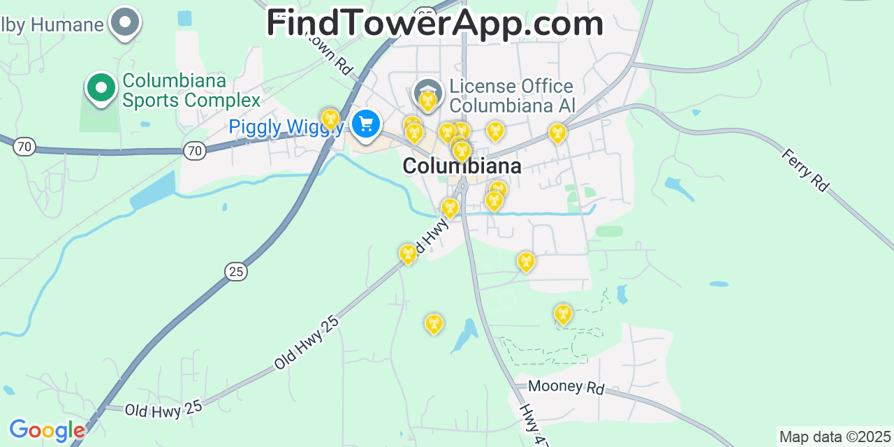 Map showing the 20 primary cell tower locations detected in Columbiana, Alabama from AT&T, Verizon, and T-Mobile networks