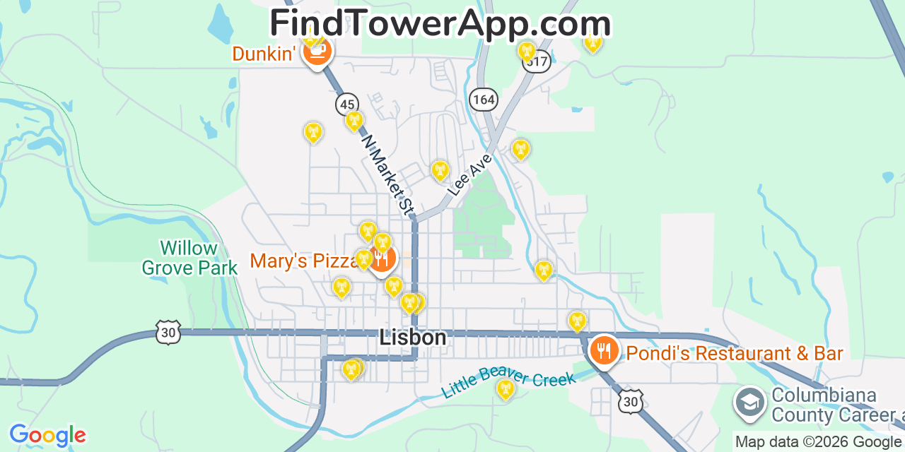 Map showing the 20 primary cell tower locations detected in Columbiana, Ohio from AT&T, Verizon, and T-Mobile networks