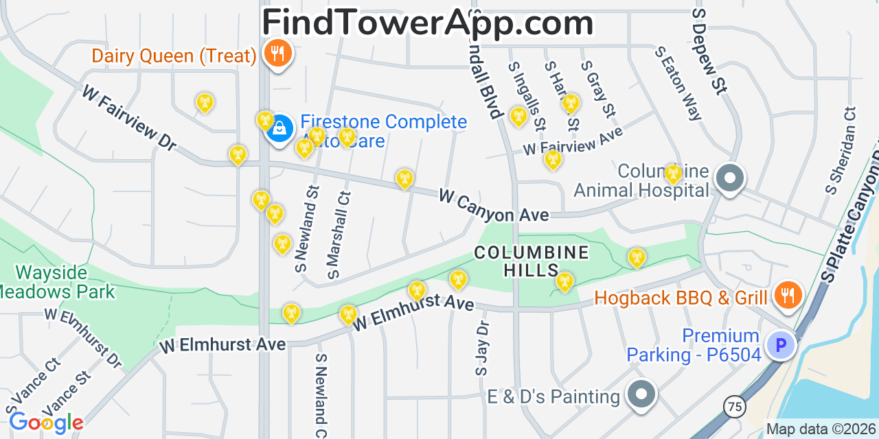 Map showing the 20 primary cell tower locations detected in Columbine, Colorado from AT&T, Verizon, and T-Mobile networks