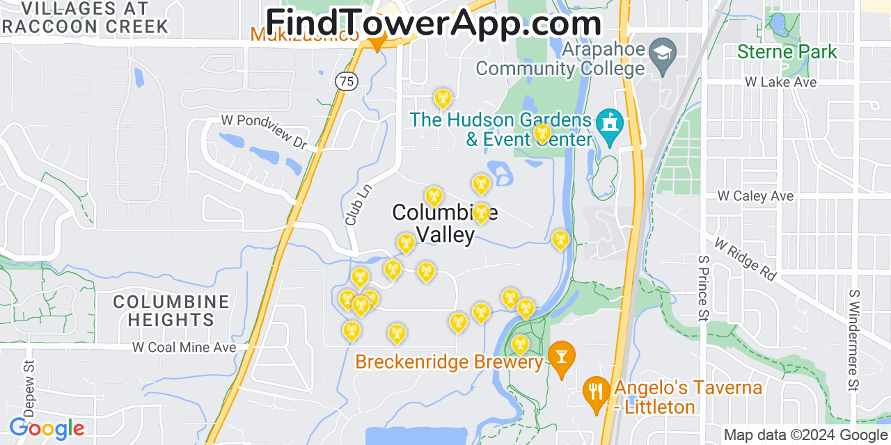 AT&T 4G/5G cell tower coverage map Columbine Valley, Colorado