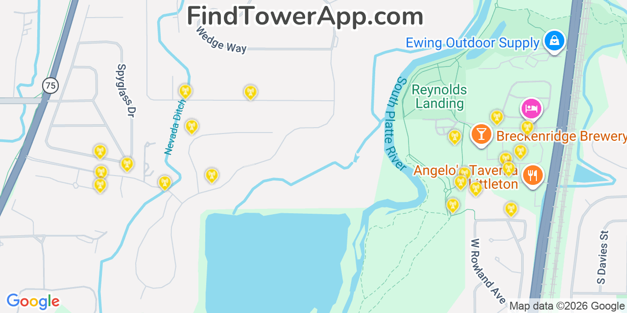 Map showing the 20 primary cell tower locations detected in Columbine Valley, Colorado from AT&T, Verizon, and T-Mobile networks
