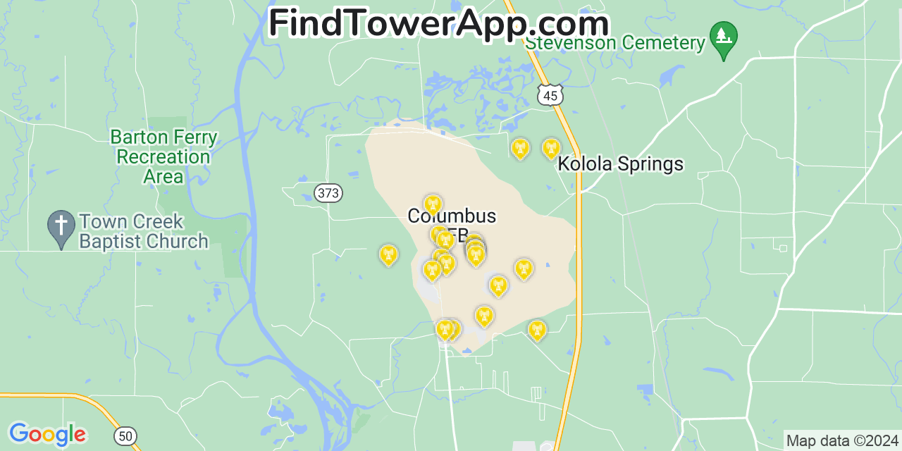 AT&T 4G/5G cell tower coverage map Columbus Air Force Base, Mississippi