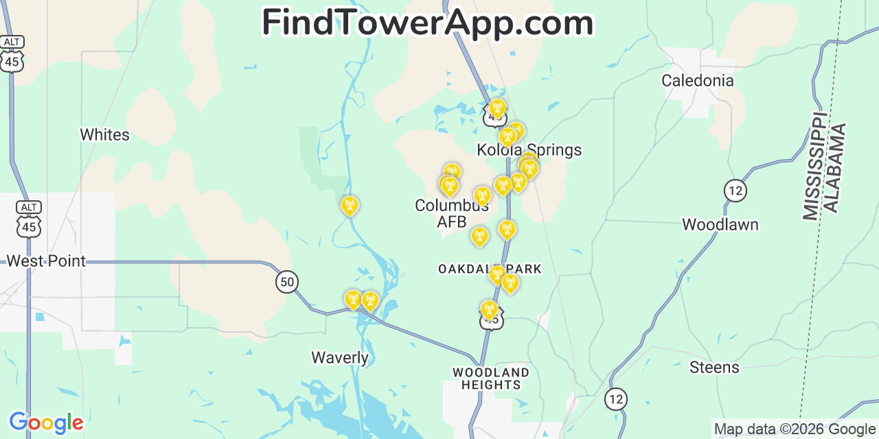 Map showing the 20 primary cell tower locations detected in Columbus Air Force Base, Mississippi from AT&T, Verizon, and T-Mobile networks