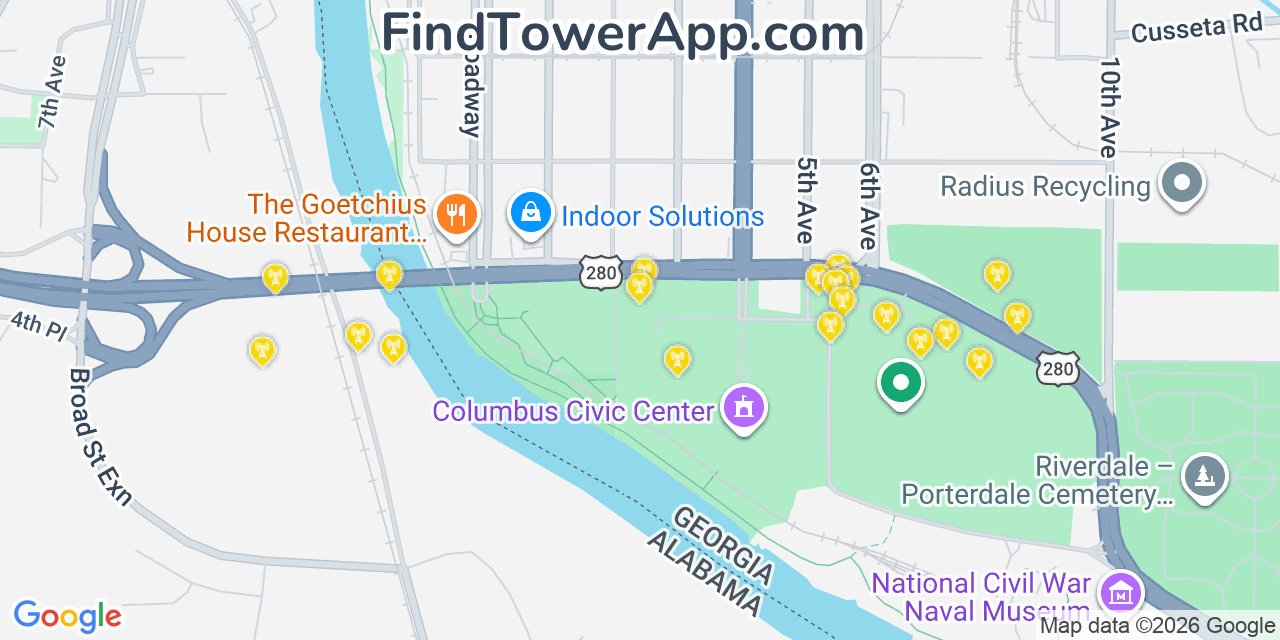 Map showing the 20 primary cell tower locations detected in Columbus, Georgia from AT&T, Verizon, and T-Mobile networks