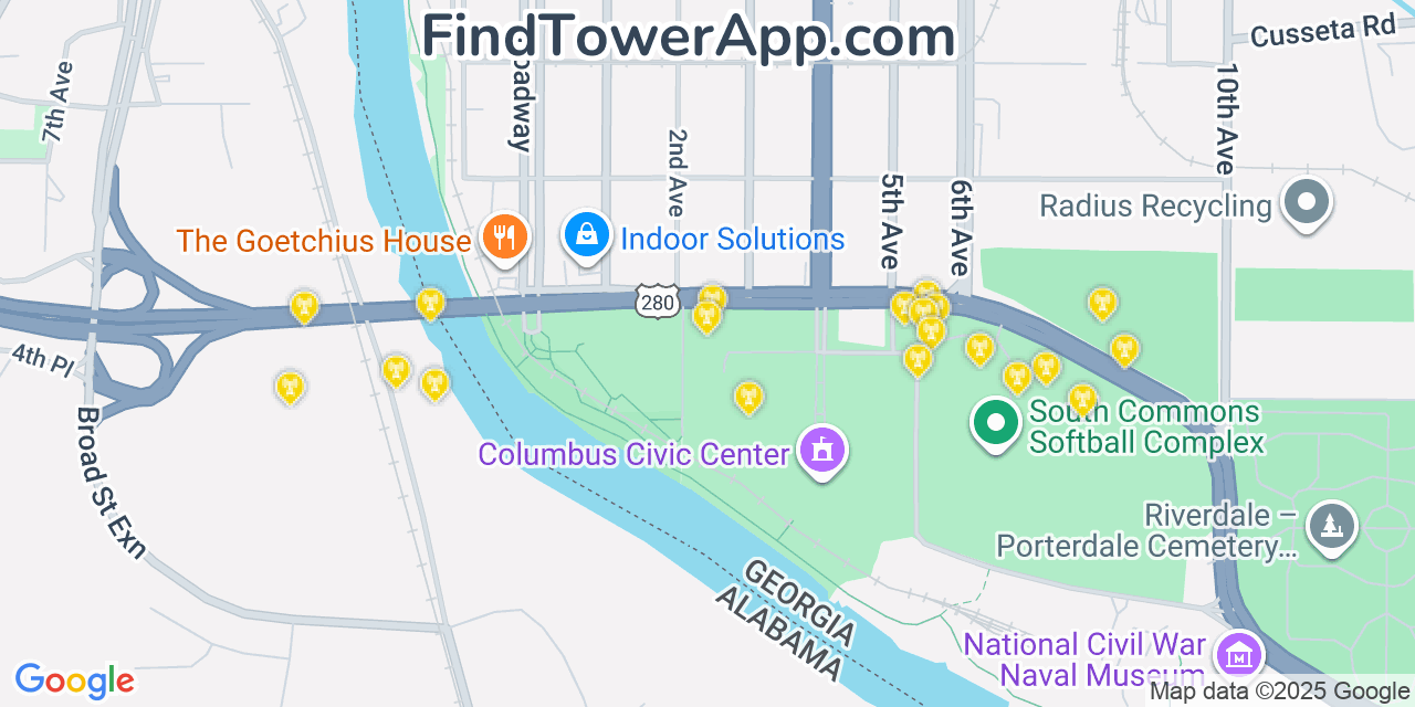 Map showing the 20 primary Mobitel cell tower locations detected in Columbus, Georgia with coverage radius and signal strength indicators