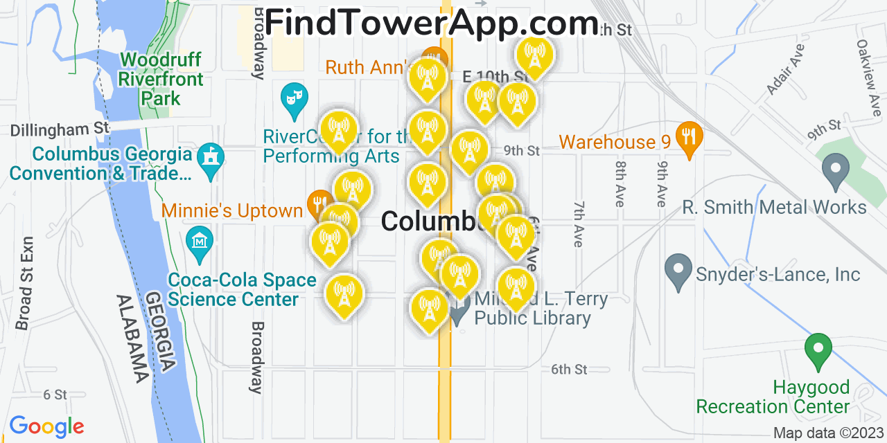 Verizon 4G/5G cell tower coverage map Columbus, Georgia