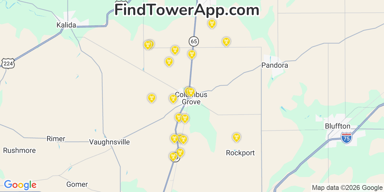 Map showing the 20 primary cell tower locations detected in Columbus Grove, Ohio from AT&T, Verizon, and T-Mobile networks