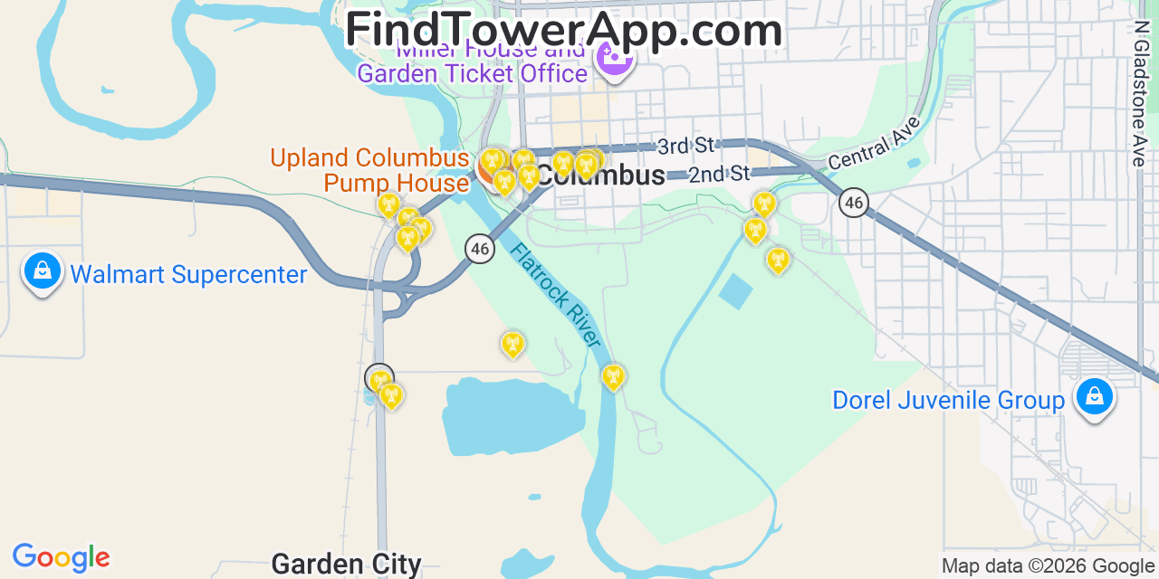 Map showing the 20 primary cell tower locations detected in Columbus, Indiana from AT&T, Verizon, and T-Mobile networks