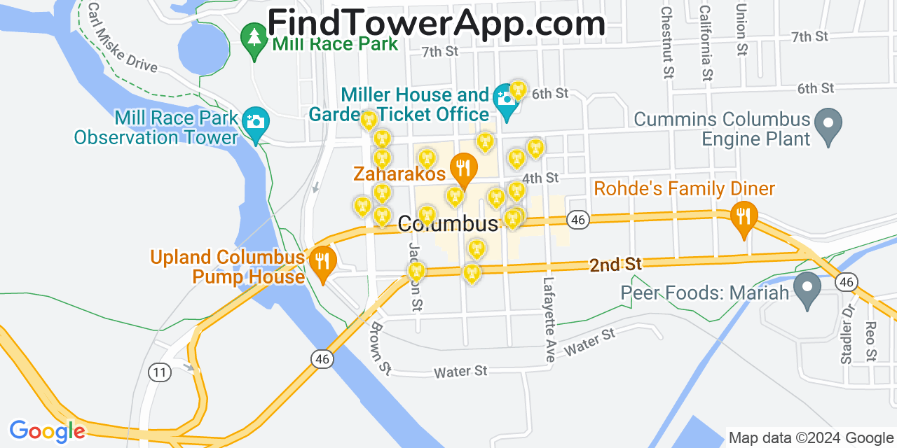 Verizon 4G/5G cell tower coverage map Columbus, Indiana