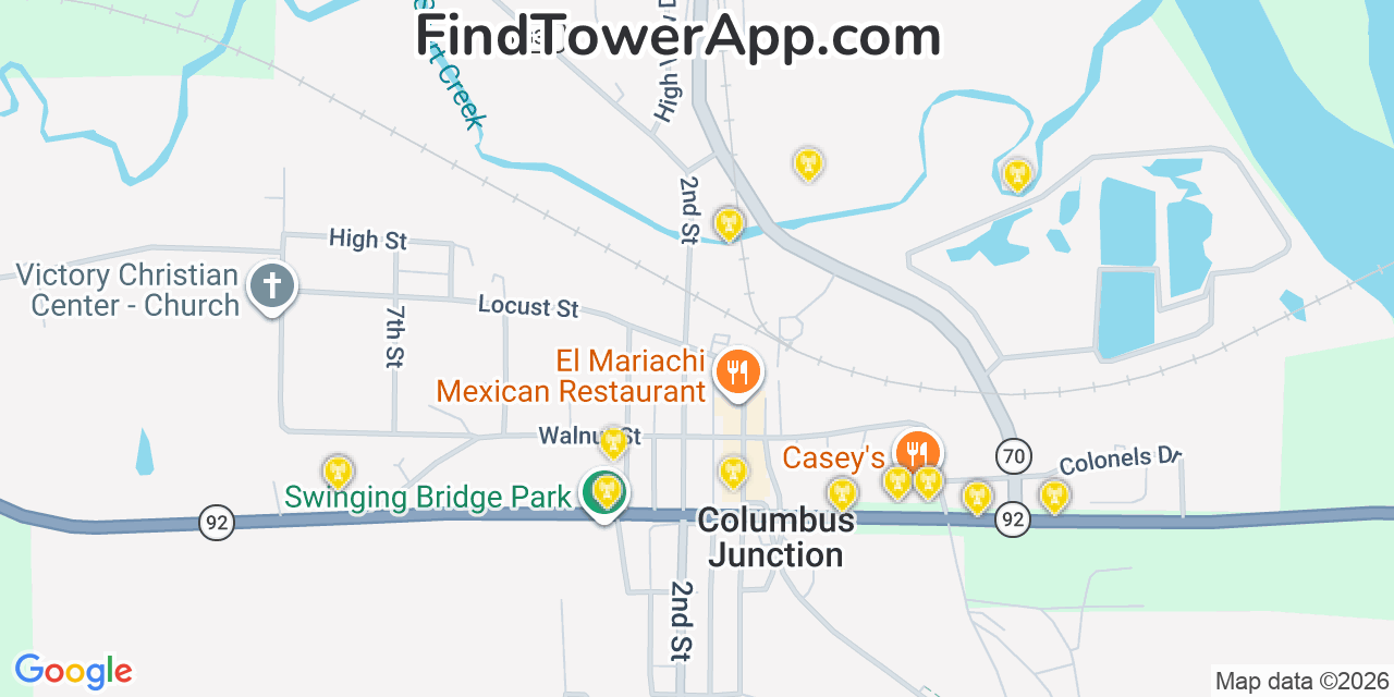 Map showing the 20 primary cell tower locations detected in Columbus Junction, Iowa from AT&T, Verizon, and T-Mobile networks