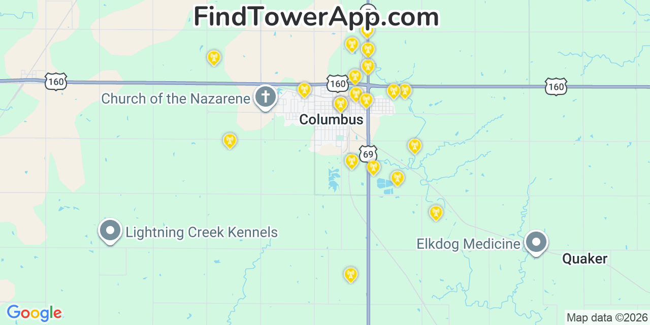 Map showing the 20 primary cell tower locations detected in Columbus, Kansas from AT&T, Verizon, and T-Mobile networks